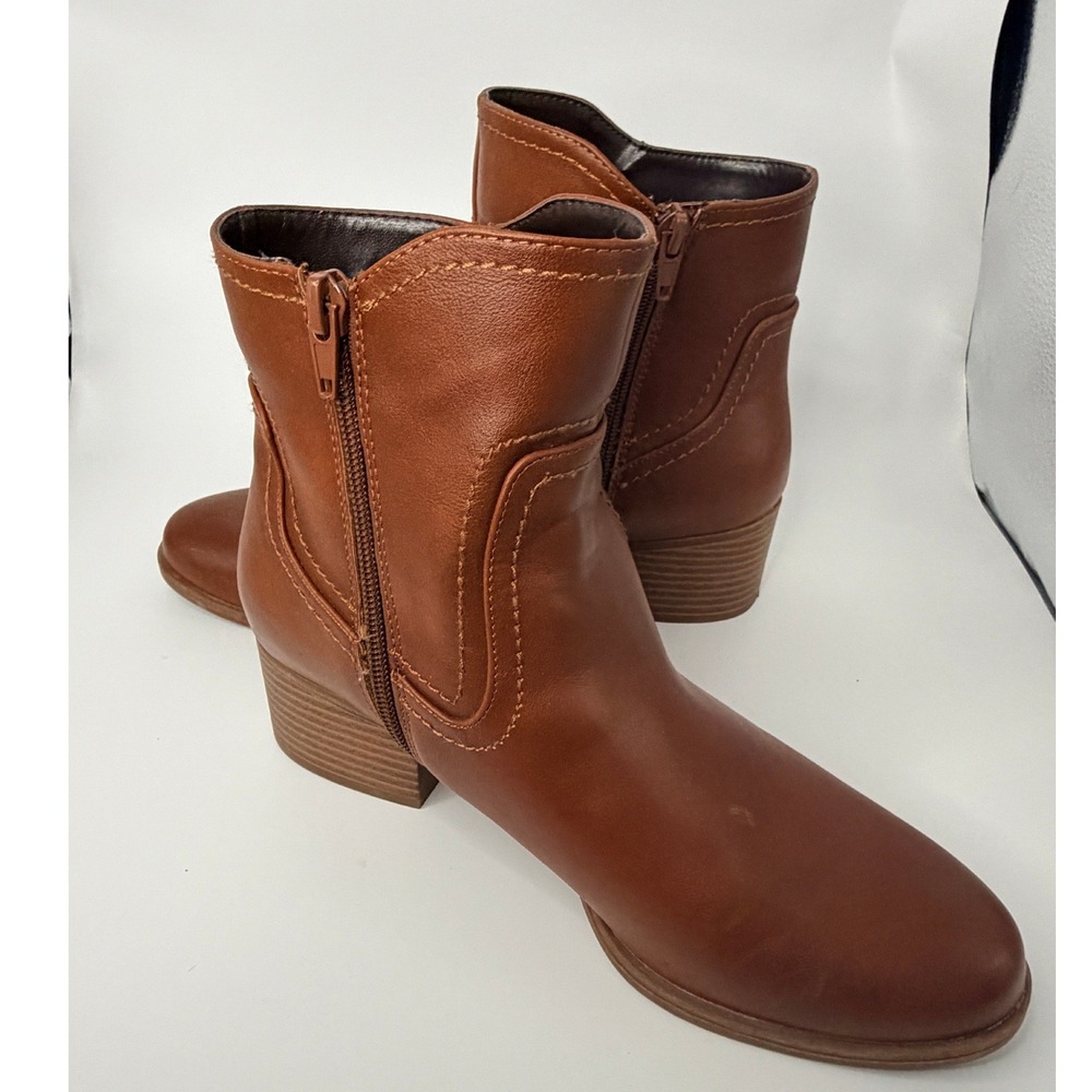 Naturalizer Kelby Cognac Brown Ankle Boots Western Stitch Block Heel Womens 8.5M - Picture 4 of 8